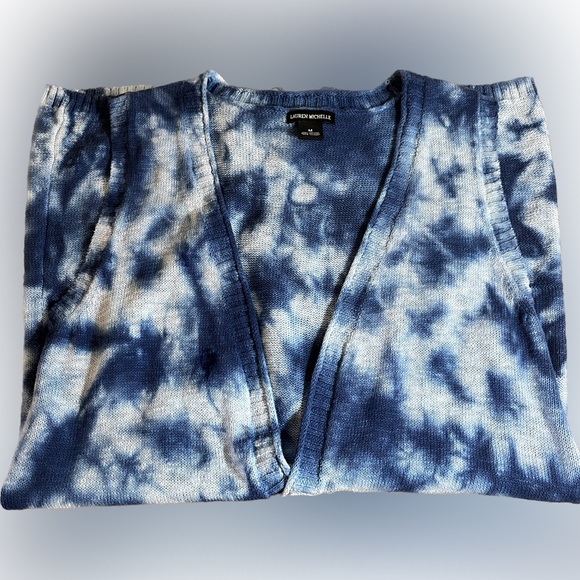 Lauren Michelle Sleeveless Duster Long Sweater vest Cardigan blue Tie Dye Medium - Picture 3 of 7